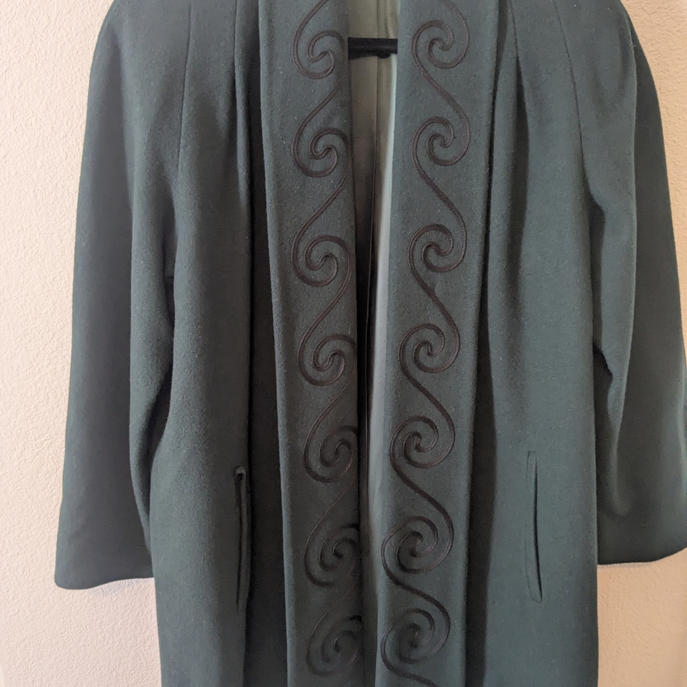 Preston & York 100% Wool Embroidered Scroll Trim Swing Coat Green Made USA Med